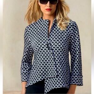 Joseph Ribkoff Textured Polka Dot Mandarin Collar Asymmetric Hem Jacket, size 10